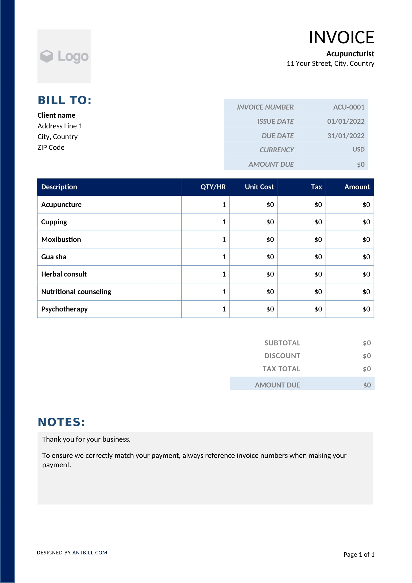 Acupuncturist Invoice Template - professional