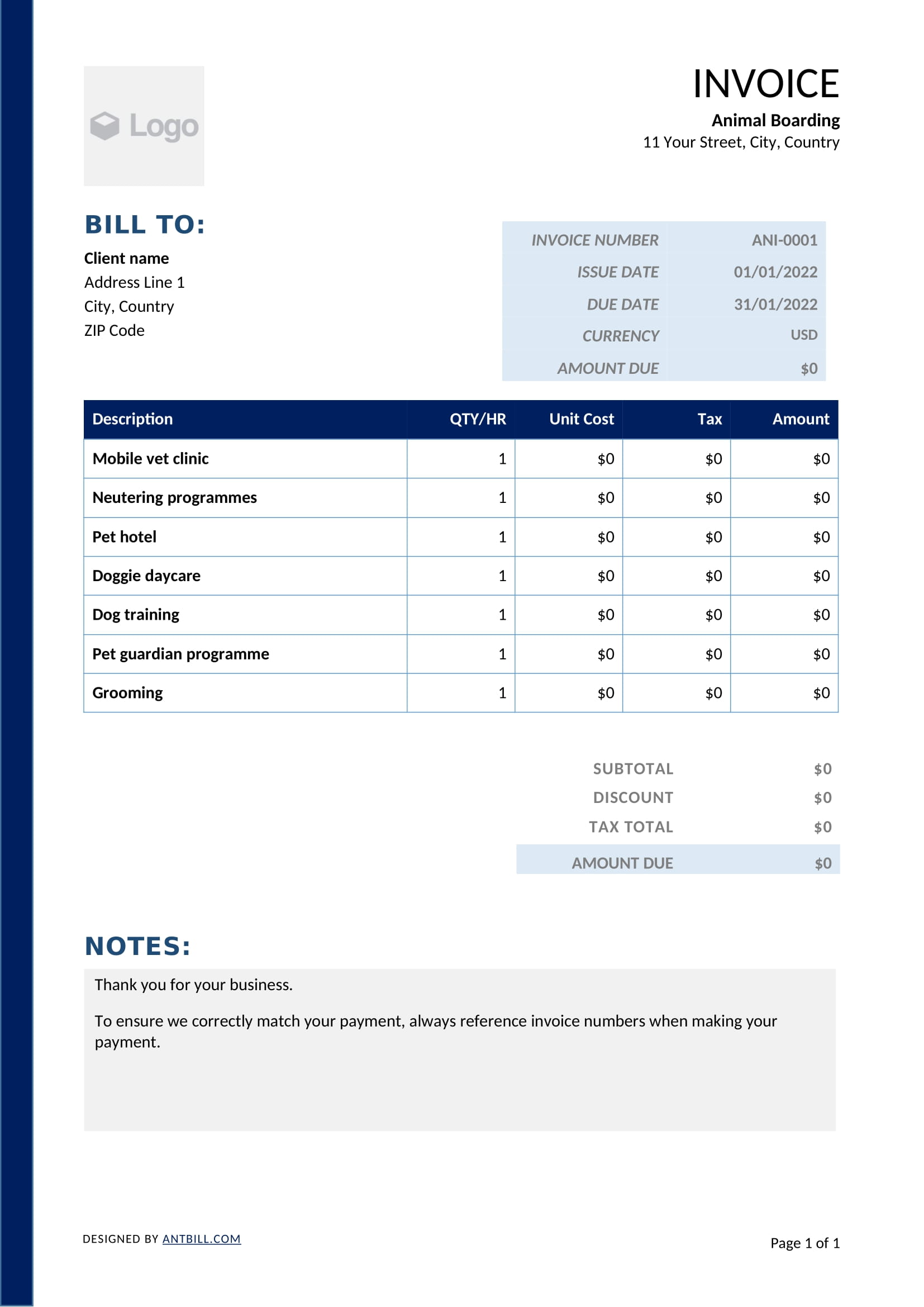 Animal Boarding Invoice Template - professional