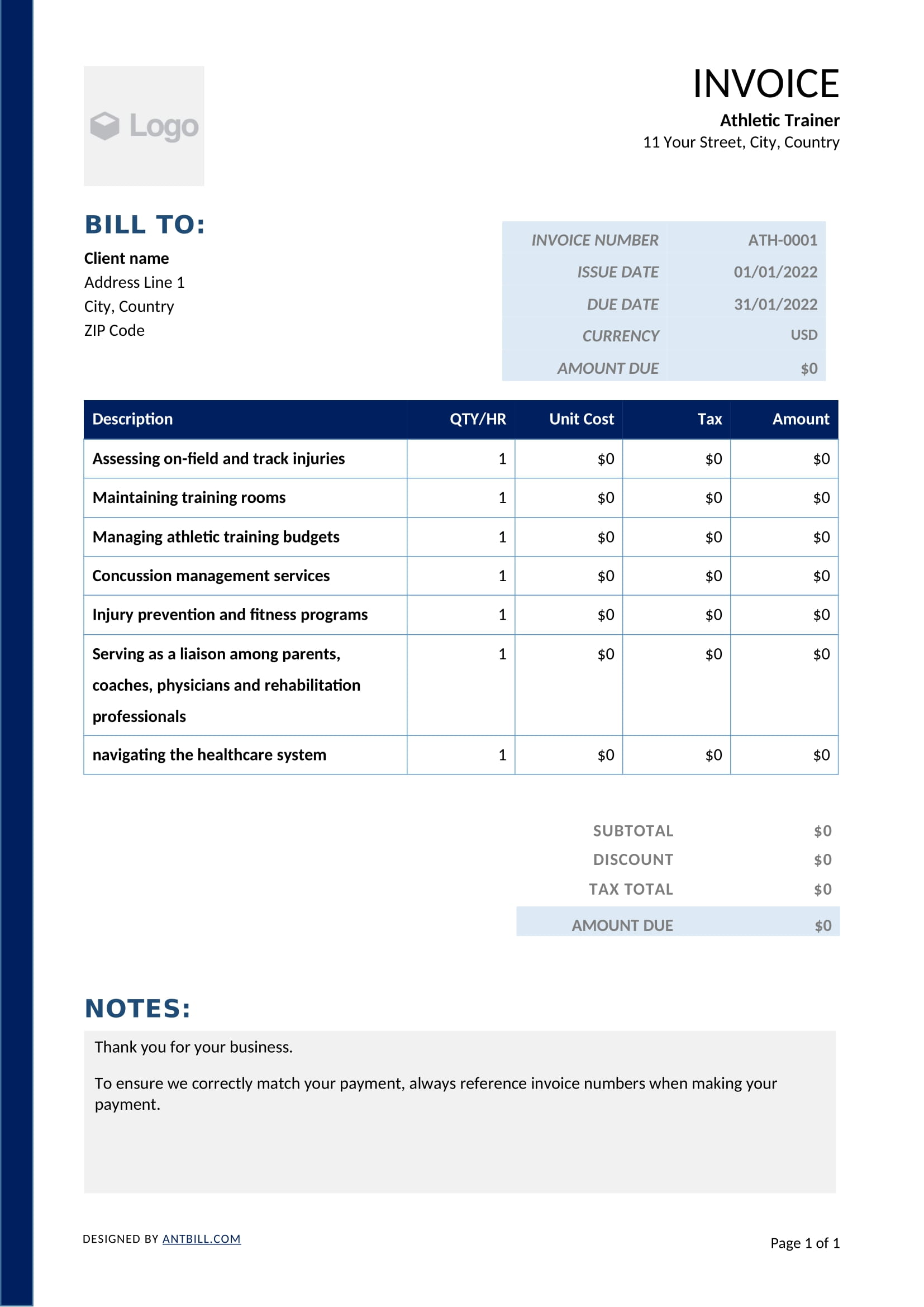 Free Athletic Trainer Invoice Templates - Antbill