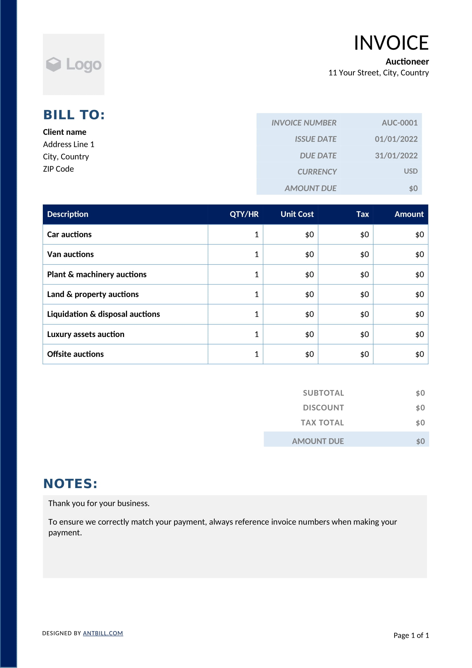 Auctioneer Invoice Template - professional