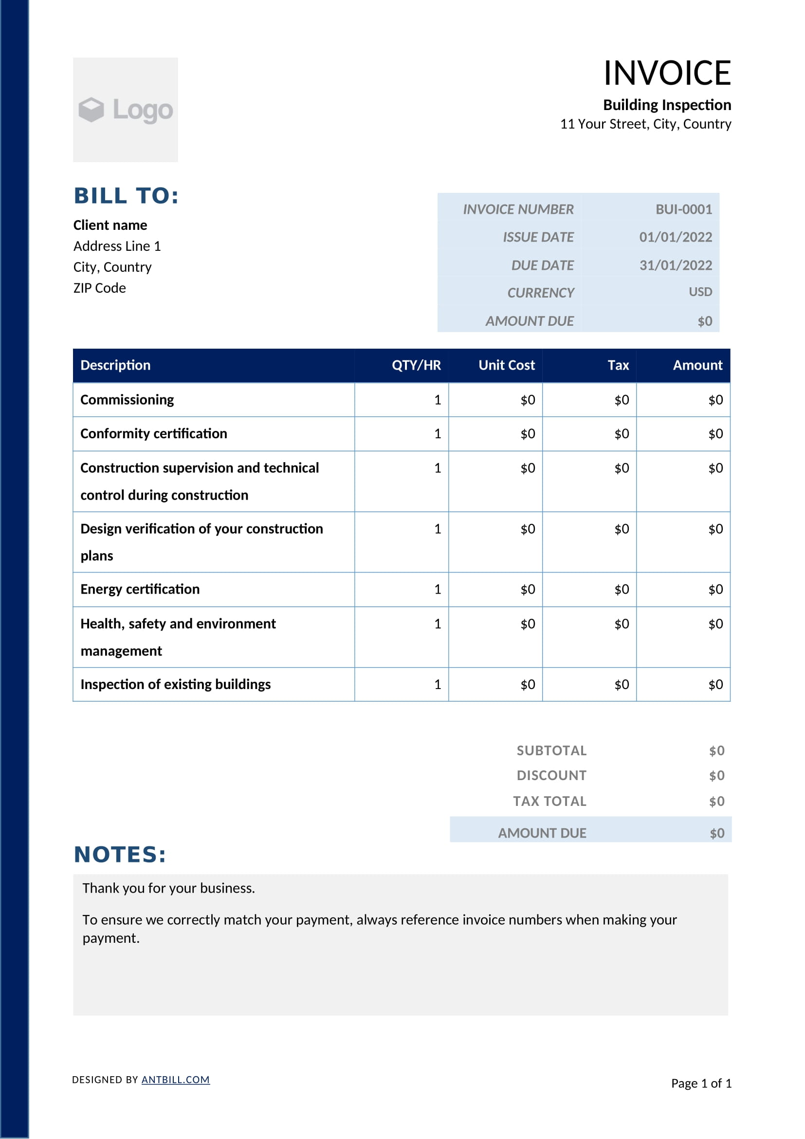 Building Inspection Invoice Template - professional