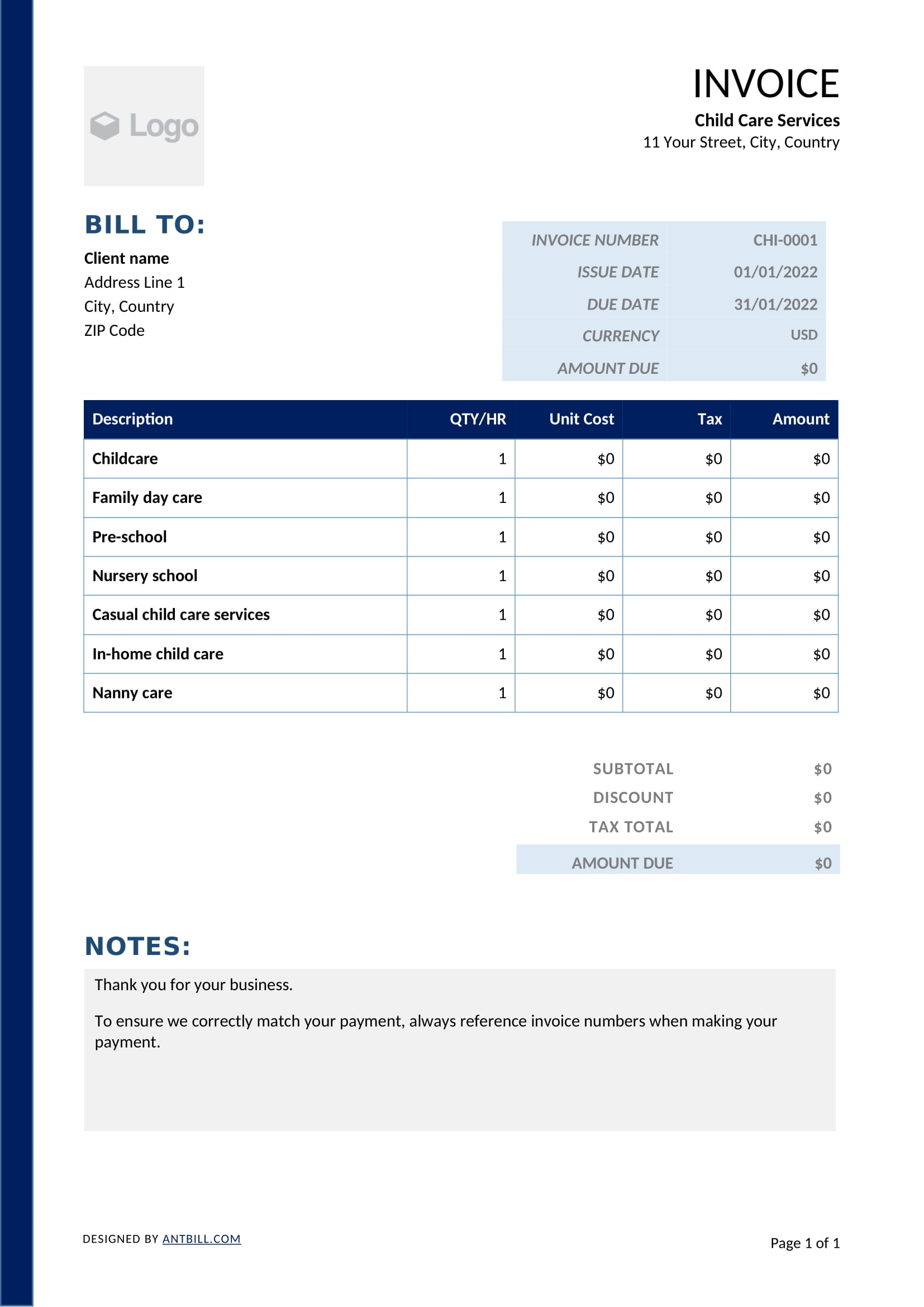 Child Care Services Invoice Template - professional