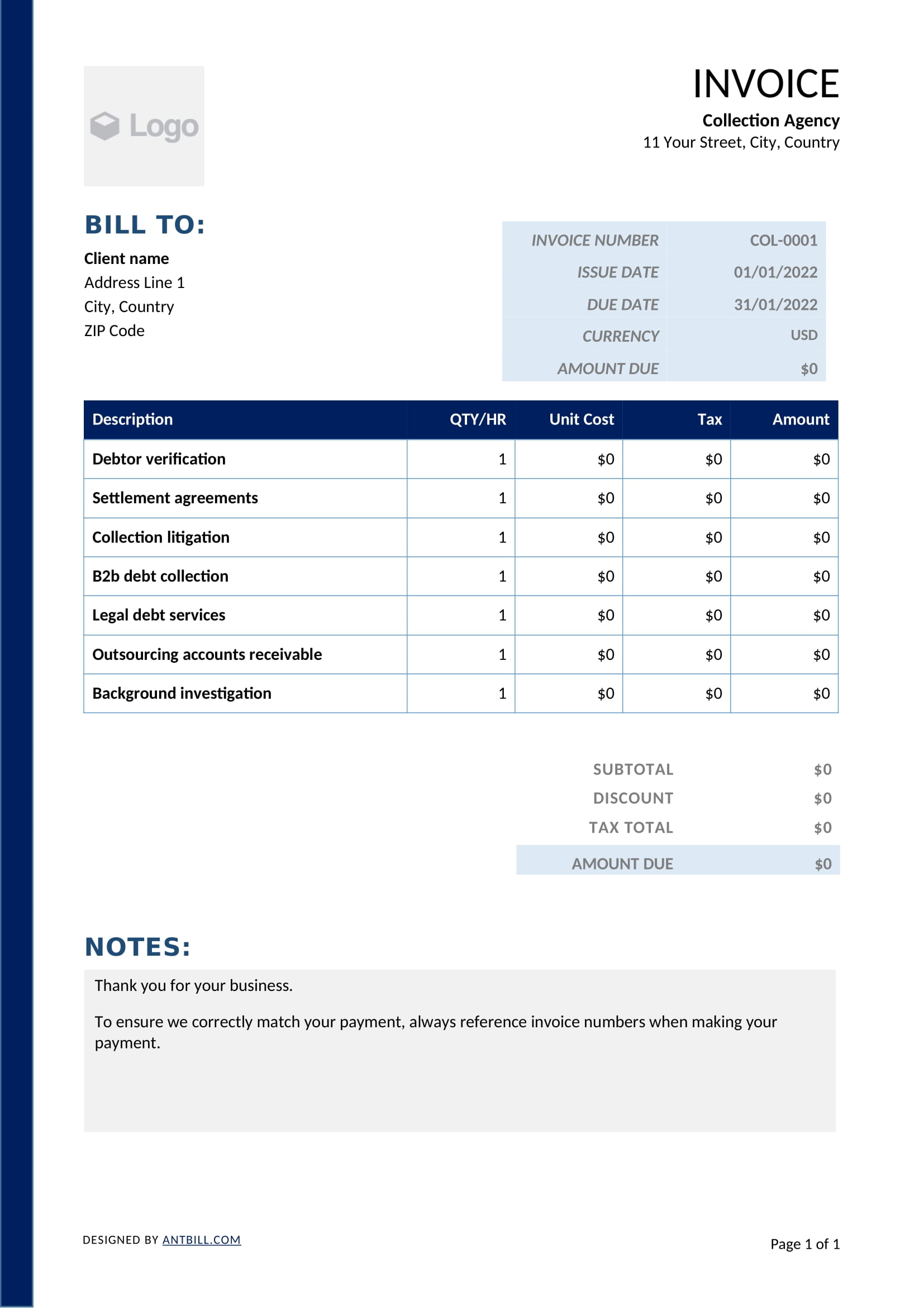 Collection Agency Invoice Template - professional