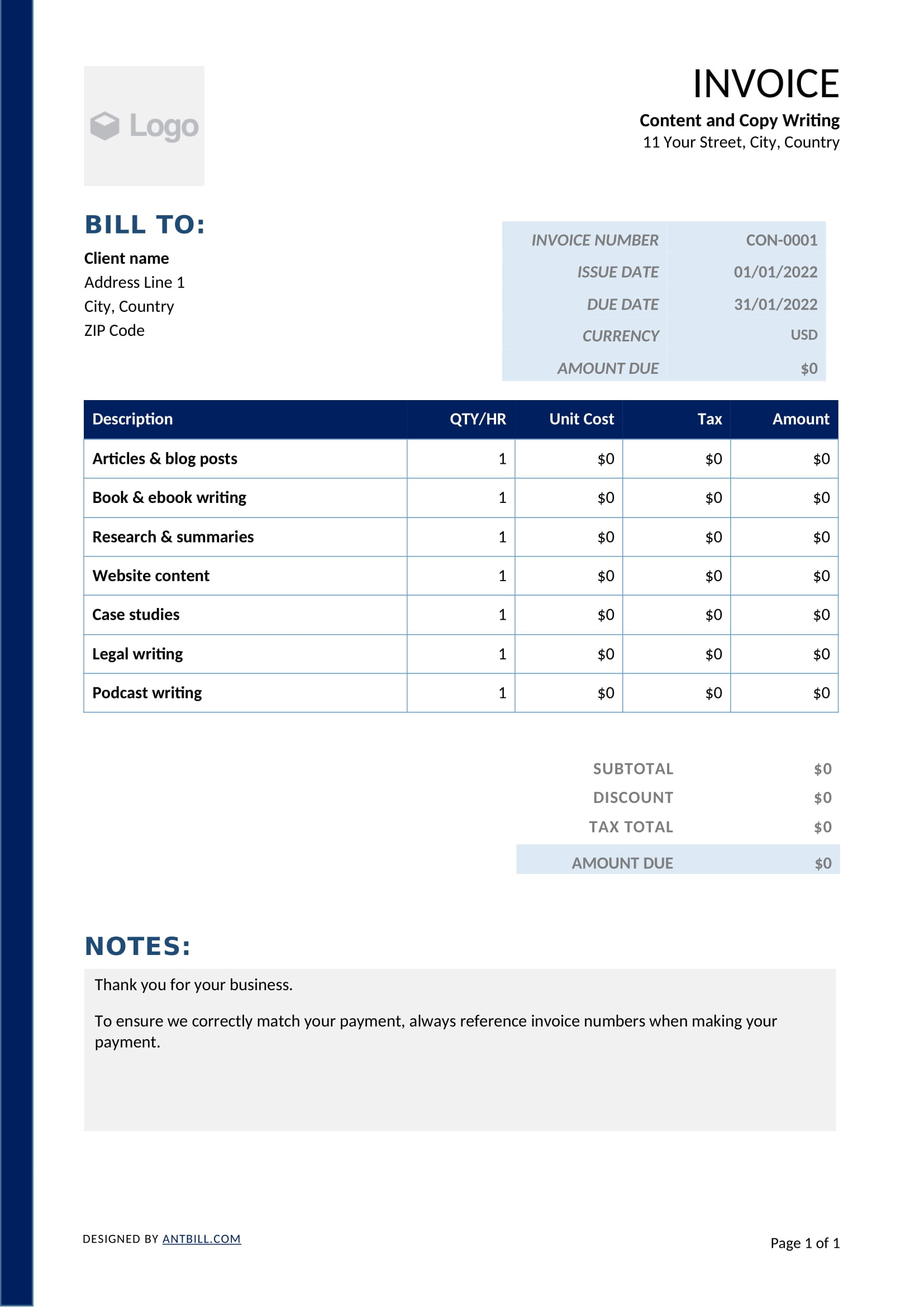 Content and Copy Writing Invoice Template - professional