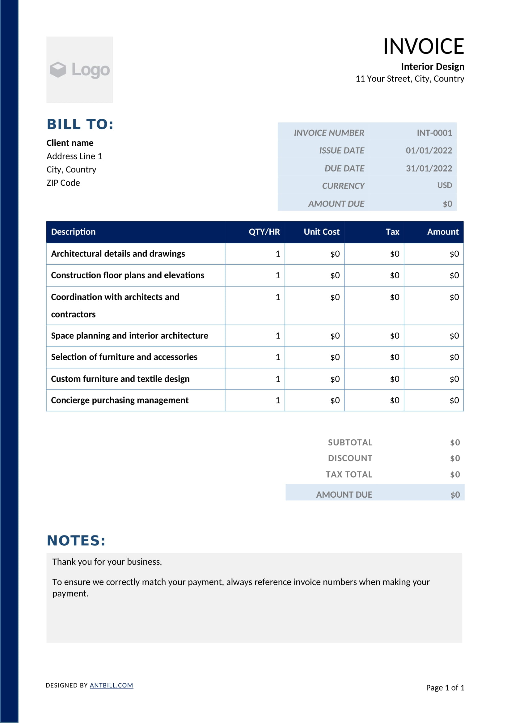 Interior Design Invoice Template - professional