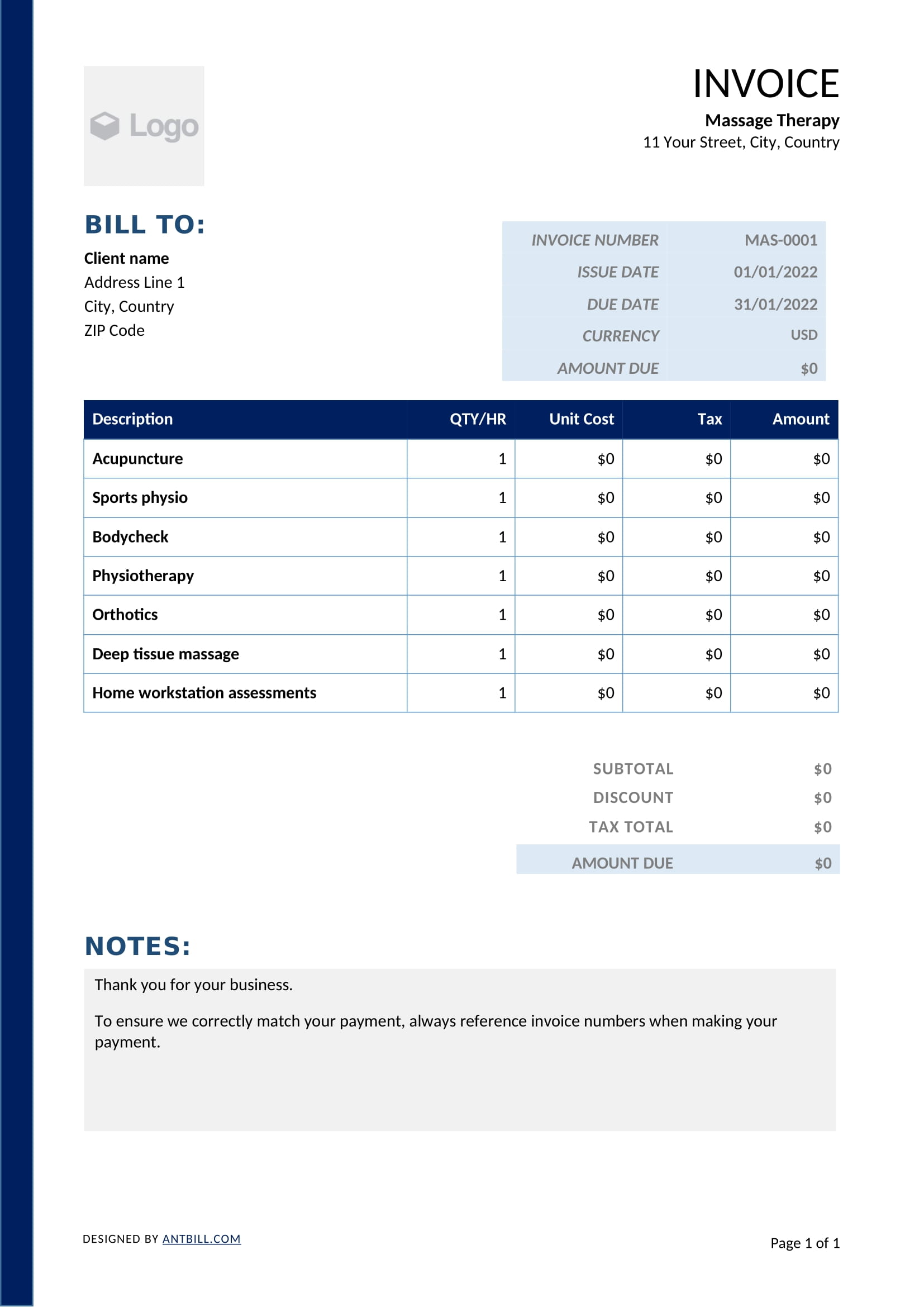 Massage Therapy Invoice Template - professional