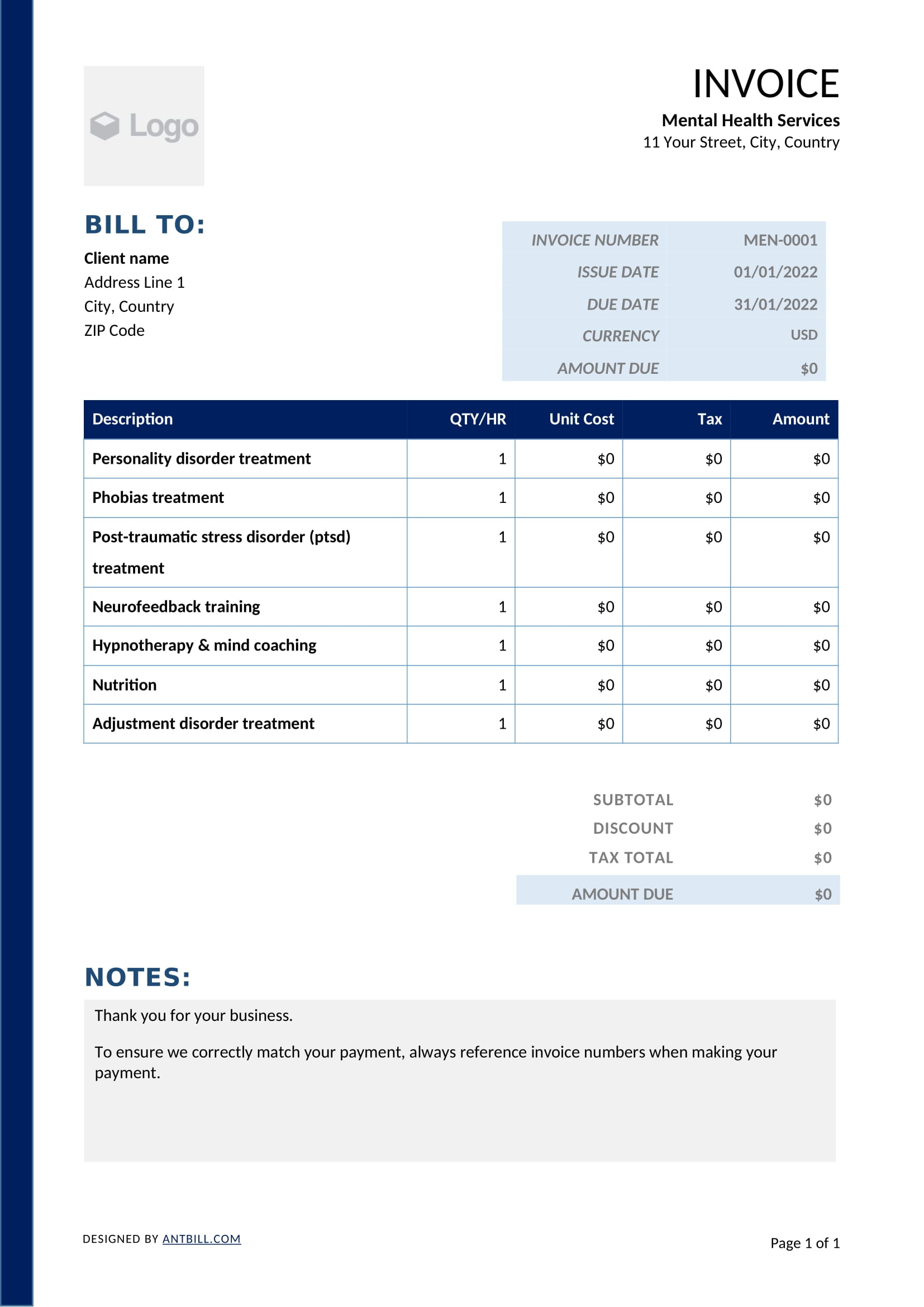 Mental Health Services Invoice Template - professional