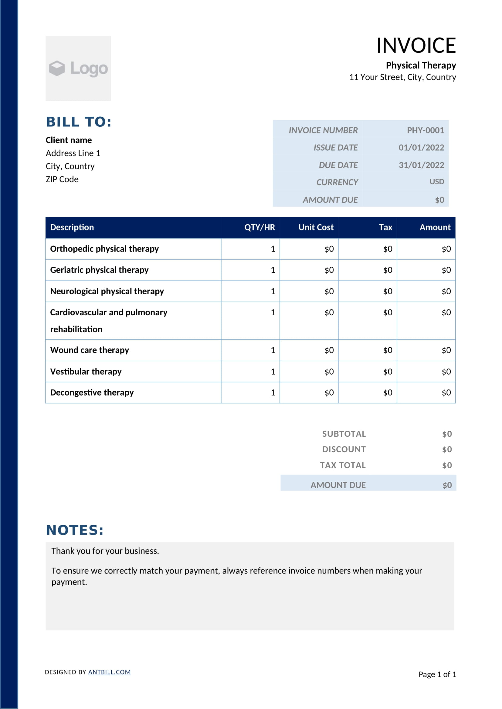 Physical Therapy Invoice Template - professional