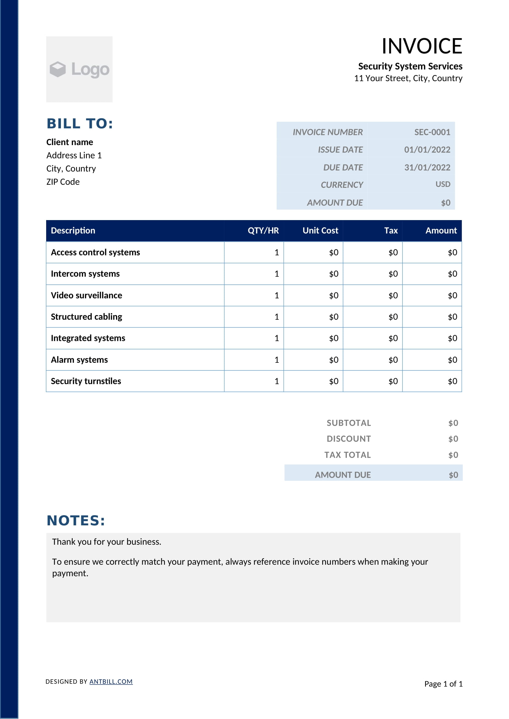 Security System Services Invoice Template - professional