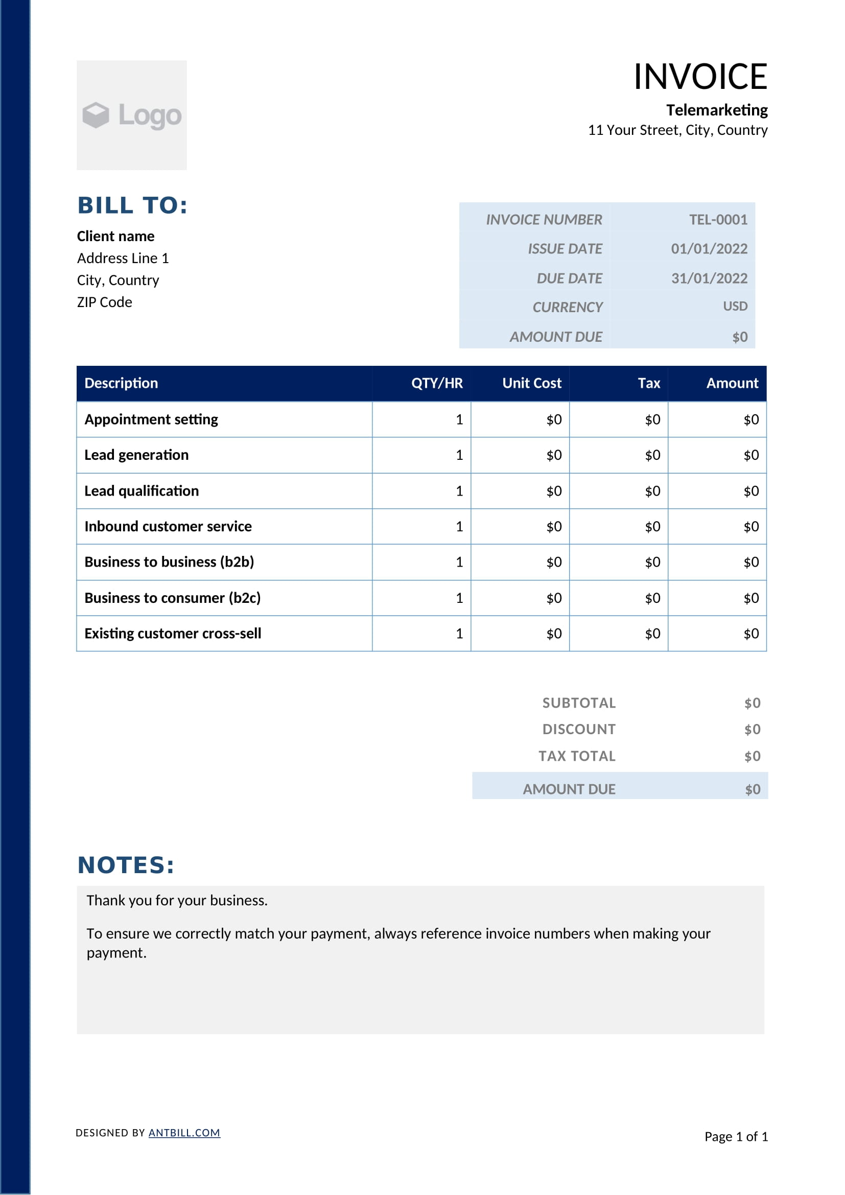 Telemarketing Invoice Template - professional