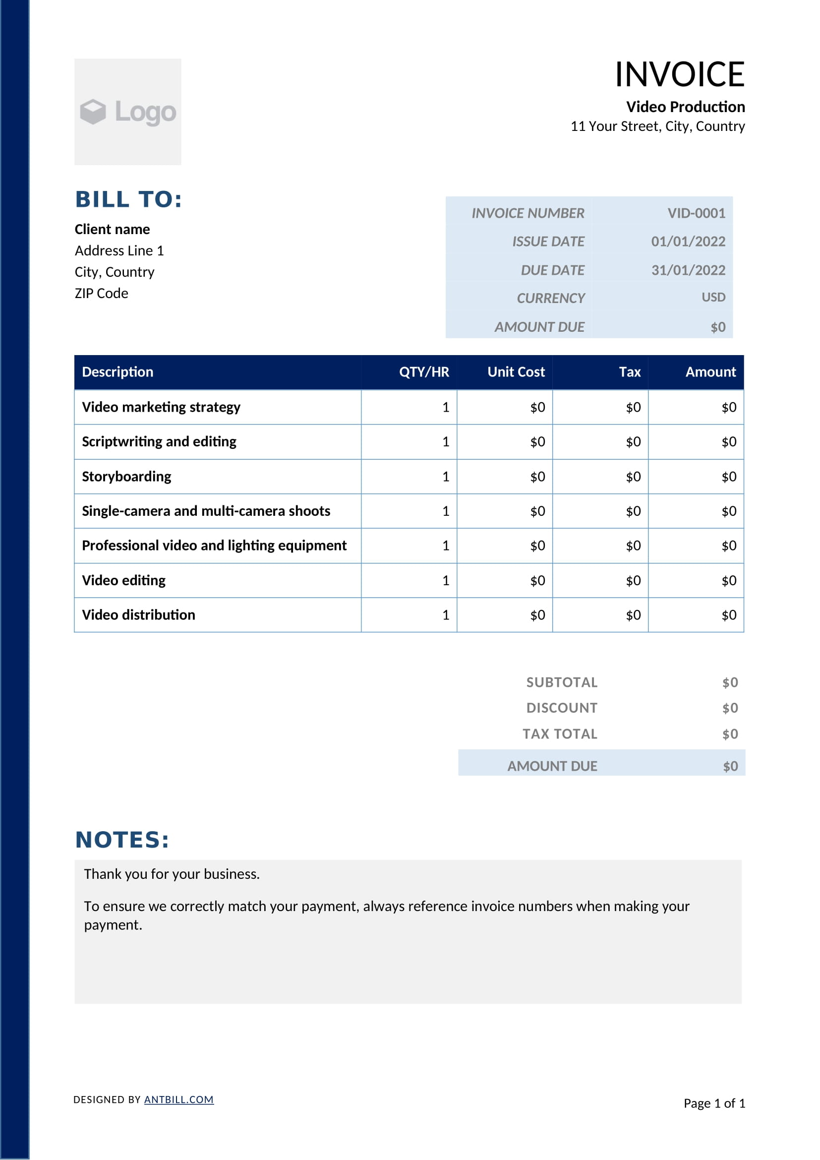 Video Production Invoice Template - professional